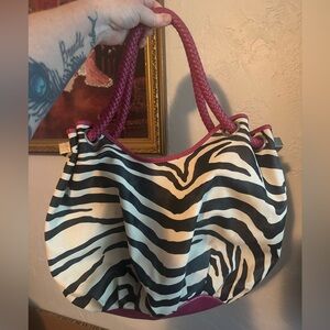Large Vintage Zebra Print Tote Bag with Pink Accents Full Zipper
